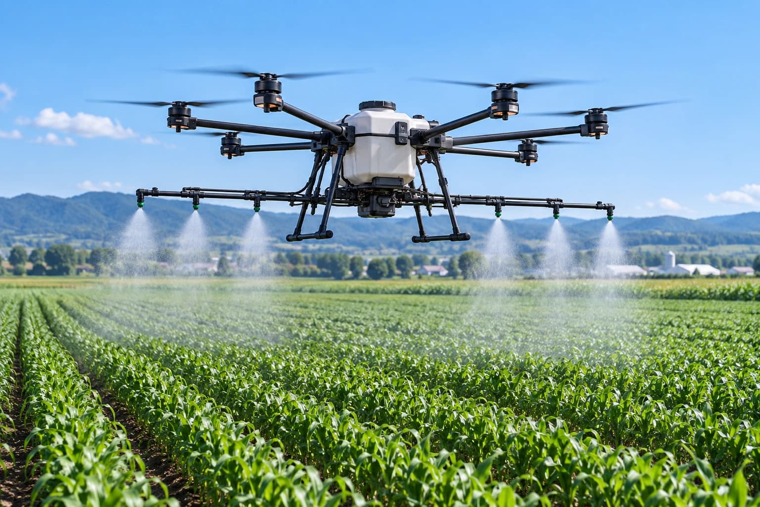 Illustration of an agricultural drone over crops