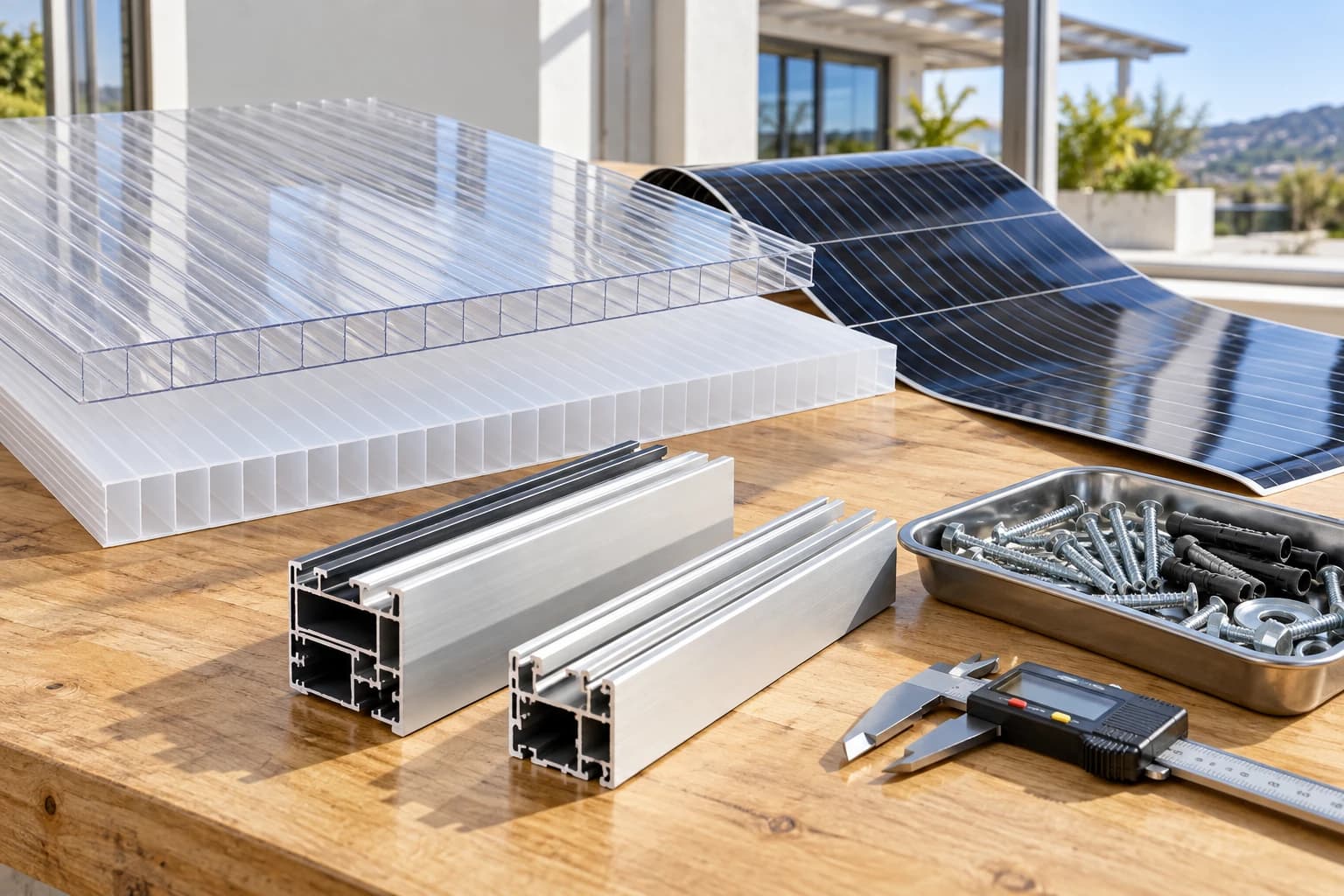 Illustration of polycarbonate, solar sheets and aluminium construction materials